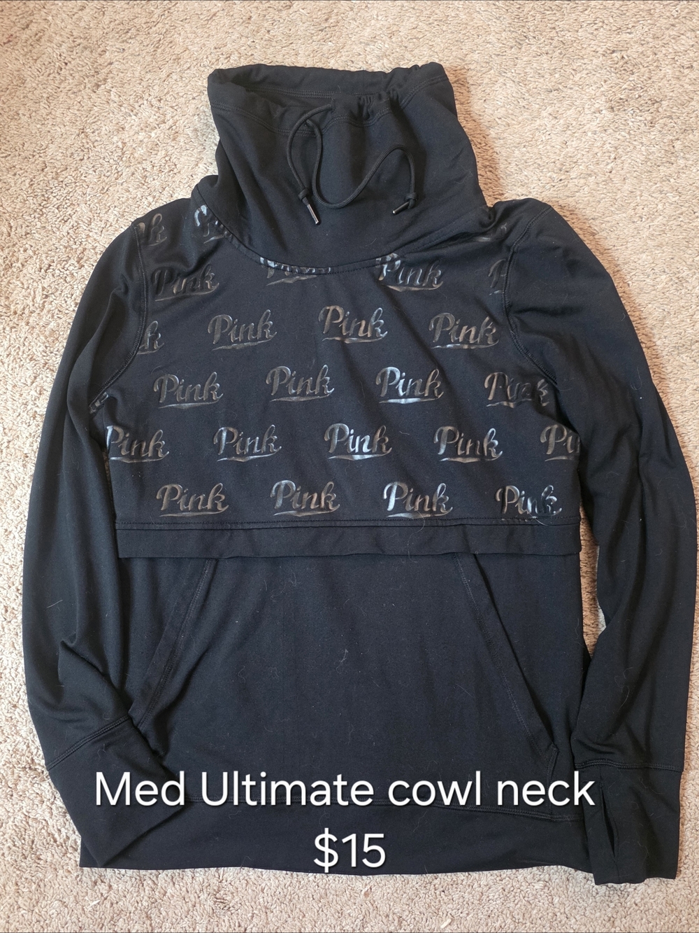 PINK Victoria's Secret Black Cowl Neck Pullover with Logo Print